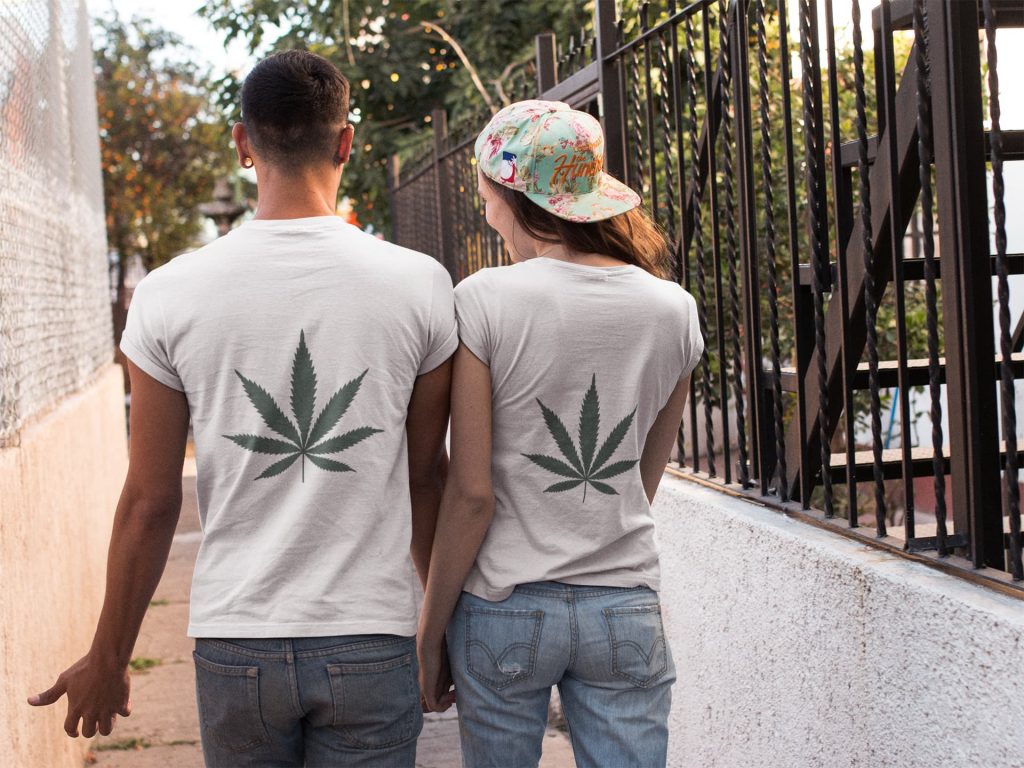 couple with cannabis print on shirt
